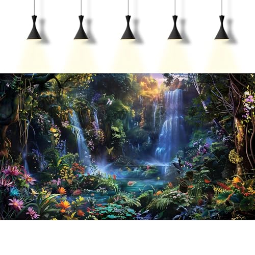Waterfall Aquarium Background Enchanted Fantasy Forest Vibrant Blooms Fish Tank Background Tropical Forest Tranquil Stream Reptile Tank Backgrounds Fairy Rainforest Terrarium Backgrounds 24x12in - color: Blue_Green, size: 24(W)x12(H)inches/ 60(W)*30cm(H)
