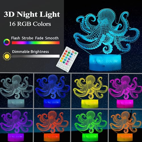 Octopus Night Light, 3D Illusion Night Light Lamp, Octopus Stuff with 16 Colors Changing, Timer, 4 Flash Modes and Dimmable, Kids Room Decoration, Xmas Gifts - color: Octopus