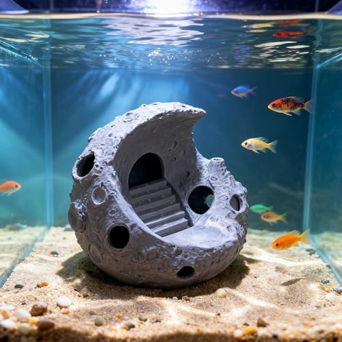 Aquarium Decor, Moon-Shaped Fish Tank Decorations, Aquarium Cave Fish Hideout for Betta Goldfish Shrimp (Gray‌) - color: Gray‌