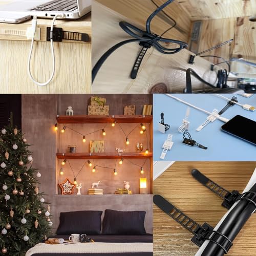 Adjustable Adhesive Cable Management Clips 50Pcs, Large self Adhesive Cable Ties Clips ，Suitable for Cable Management Under desks and on Walls(Black) - color: Black