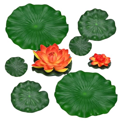 M METERXITY 1-Set Artificial Floating Foam Lotus Flower with Water Lily Pad, 4/7/11 Inch Fake Lotus Flowers Water Lilies for Pool/Fountain/Garden Decor, Pond Plants Ornaments [Orange] - color: Orange, size: 6.7/3.9 Inch