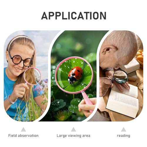 Feosky Handheld Reading Magnifier, 10X Magnifier, 130mm Shatterproof Lens, Non-Slip Handle for Adults Close Work, Seniors Reading and Nature Exploration, Hobby Observation(Pink) - color: Pink