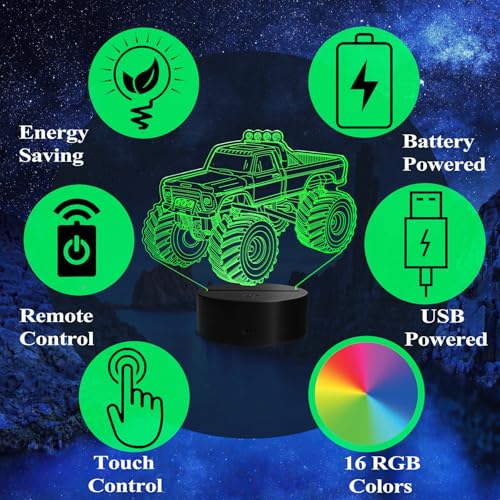 Monster Truck Night Light, Monster Truck Gifts, 3D Illusion Lamp with Remote Control, 16 RGB Colors, 4 Flashing Modes, Timer, Dimmable, Kids Room Decoration for Holiday Birthday Christmas - color: Color 7