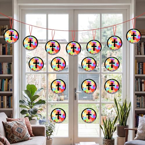 48PCS Sunday School VBS Crafts Bulk: Paper Cross Nativity Suncatchers, Jesus Religious Christian Activity DIY Kits Church Decorations, Window Stained Glass Effect Art Supplies(Round Shape) - style: round shape cross