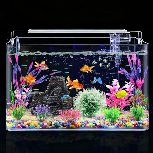 QUOZUO Fish Tank Accessories, Aquarium Fish Tank Plastic Plants and Cave Rock Decorations Set 10 Pieces, Small and Large Artificial Aquarium Plants with Cave Rock