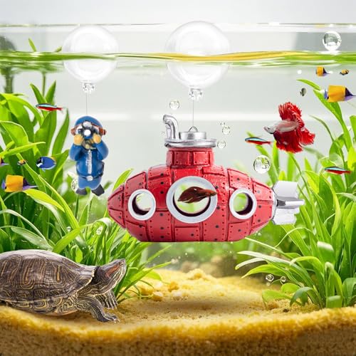 New Upgrade Floating Fish Tank Decoration, Cute Retro Submarine Set and Floating Diver,Three Float Balls, Aquarium Decorations Resinous Betta Fish Tank Accessories - color: Rose Red