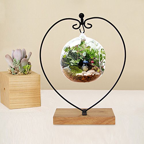 Ornament Display Stand Metal Stand Terrarium Air Plant Stand Flower Pot Holder Iron Pothook Stand for Hanging Glass Globe Ball (Heart Rectangle Wood) - color: Black, size: 11.02"x6.3"x3.15"