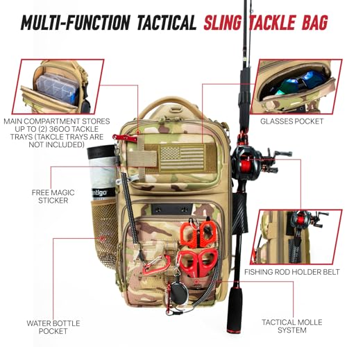 Fishing Sling Bag, Fishing Bag With Rod Holder Fixed Stickers, MOLLE System, Soft Bait & Gear Storage, Gift for Men, Khaki - color: Brown