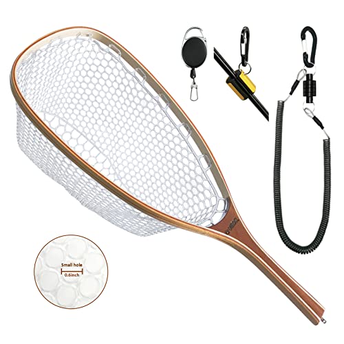 Fly Fishing Net Trout Net with Magnetic Release and Rod Holder Wooden Frame Landing Net with Soft Rubber Mesh for Catch and Release (Clear Small Holes)