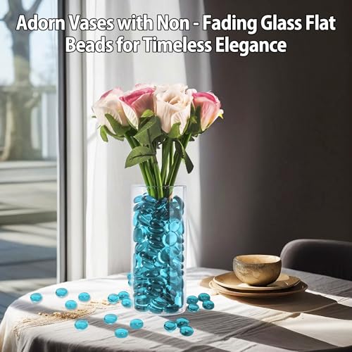 Sea Blue Glass Marbles, 0.97 LB Transparent and Smooth Flat Glass Beads for Vases, Mosaic Gem Pebbles for Aquarium Decor, Floral Arrangements, Mancala Stones, Vase Filler and Crafts,Approx. 80-100 PCS - color: Sea Blue