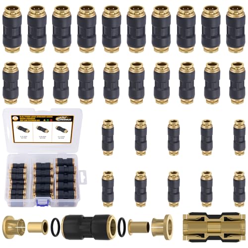 CheeMuii 30 PCS DOT Air Line Fittings 1/4" 3/8" 1/2" DOT Push Lock Air Fittings Brass and Plastic Straight Unions Quick Connect Air Hose Fittings Repair Kit - color: Black, size: 32 PCS