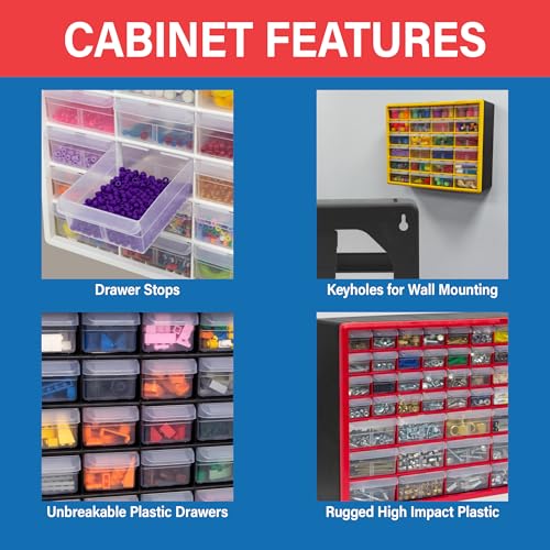 Akro-Mils 44-Drawer Plastic Drawer Storage Cabinet for Garage Organization, Bead Organizer, Building Bricks Storage, Teacher Toolbox, Makeup Organizer, 20" W x 6" D x 16" H, 10144 Yellow - color: Yellow, size: 44 Drawer, style: 1 Pack