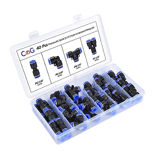 40Pcs Quick Connect Air Hose Fittings Kit - 1/4 inch OD, 10 Splitters, 10 Elbows, 10 Tees, 10 Straight, Pneumatic Push to Connect Fittings for 1/4 inch Tube - size: 40 PCS