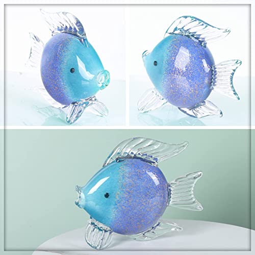 Blue Glass Fish Art Decoration Hand Blown Glass Fish Figurine, Art Paperweight Collection, Modern Office Luxury Decorations(WA-7)