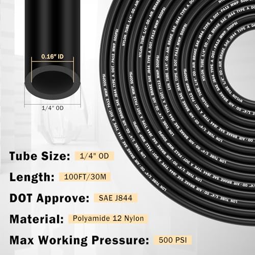 CheeMuii 100 FT 1/4" DOT Air Line with 34 Pcs Brass DOT Air Line Fittings Kit 30.5 Meter 1/4 Black Air Lines Service Kit with Push Lock Air Fitting Air Coupler & Plug Kit