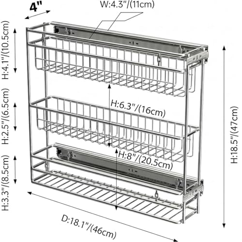 JOWBOOW Narrow Pull Out Cabinet Organizer, 4" Skinny Side Mount Spice Rack for Frameless Cabinets, Heavy Duty 3-Tier Zero Wobble Slide Out Shelf - size: 4"W Side-Mount (Frameless ONLY!)