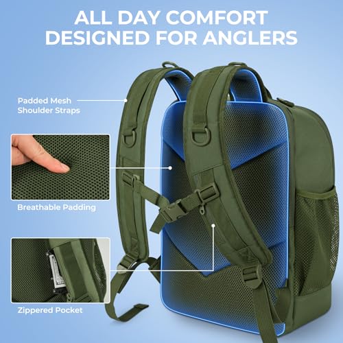 KastKing KarryAll Fishing Tackle Backpack with Rod Holder 4 Tackle Boxes,40/26L Tackle Bag Storage Fishing Gear and Equipment - color: F: Medium (26 L) - Green
