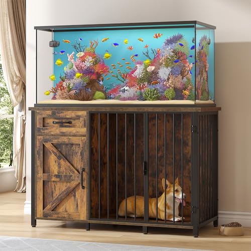kepptory 55-75 Gallon Fish Tank Stand with Dog Crate, Multifunctional Aquarium Stand with Cabinet and Power Outlets for Larger Aquariums and Versatile Use (Brown) - color: Brown, size: 48.8"L x 19.7"W x 32.7"H