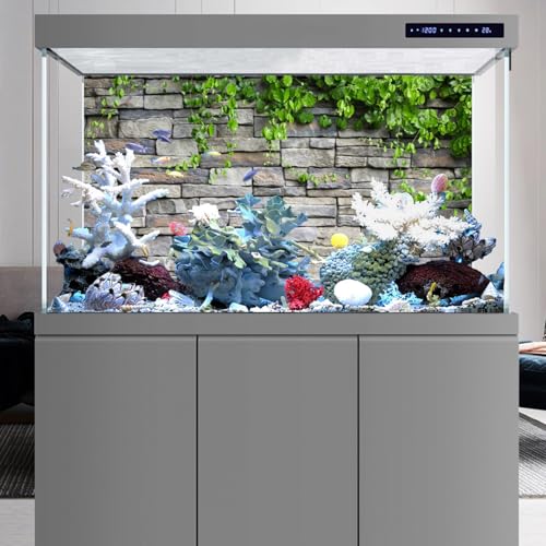 AWERT Vinyl 36x24 inches Stone Brick Wall Aquarium Background Rock Fish Tank Background Spring Leaves Terrarium Background - size: 36x24in/90x60cm