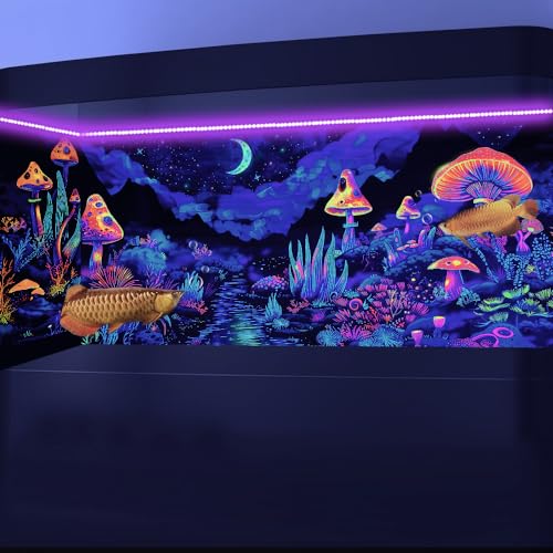 36X24IN Blacklight Mushroom Flower Black Light Aquarium Background, UV Fish Tank Background Moonlight Mountain Forest Landscape Terrarium Background with 10 EVA Double-Sided Tape - size: 36X24in/90X60cm