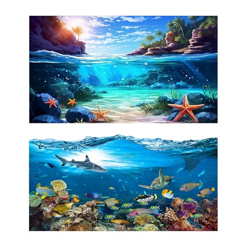 2 Packs Underwater World Fish Tank Background Tropical Maine Turtle Shark Coral Reef Aquarium Background Blue Sky Seashore Island Under The Sea Landscape Aquarium Fish Tank Backgrounds 24x12in - color: Bright Blue, size: 24(W)x12(H)inches/ 60(W)*30cm(H)