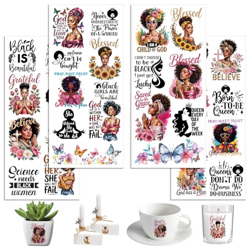 UV DTF Cup Wraps, 4 Sheets Black Women 16oz Glass Cups, Clear Transfer Stickers for Tumblers and Bottles, Assorted Pattern Set - style: Black Women