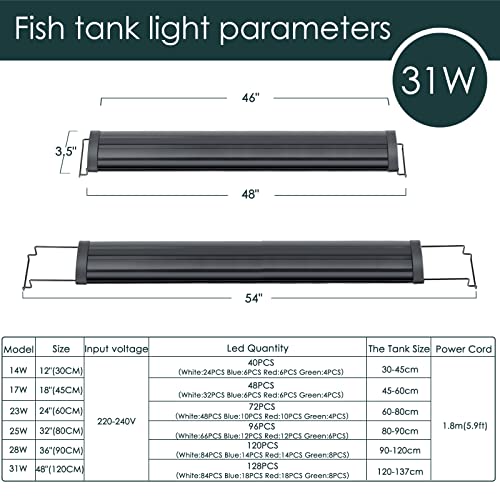 AQQA Aquarium Light,Full Spectrum LED Fish Tank Lights,12"-54" Adjustable Multi-Color White Blue Red Green LEDs with Extendable Brackets,14W-31W for Freshwater Plants (31W (48"-54")) - size: 31W (48"-54")