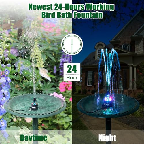 Bird Bath Fountains, Upgraded 24-Hours Working Bird Bath Fountain Pump with Light & 7 Nozzle, 16.4Ft Power Cord & Adapter, Adjustable Water Pump for Garden, Fish Tank, Outdoor (Colorful) - color: Colorful Lights-electric Powered