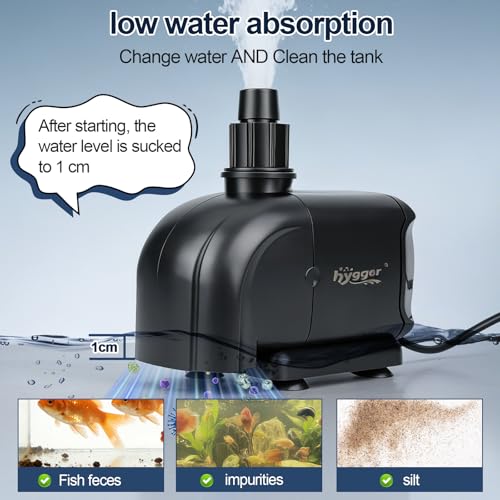 hygger 2-in-1 666GPH Submersible Pump 45W,Side and Bottom Suction Fountain Water Pump with 9.8ft High Lift,Quick Water Change with 4 Interchangeable Nozzles for Aquarium, Fish Tank, Hydroponics,Pond - size: 45W-9.8FT