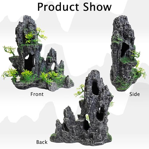 kathson Aquarium Mountain View Stone Resin Fish Tank Decoration Betta Hideout Caves Rockery Landscape Tree Aquarium Decorations Large Rock Hiding Cave Decor for Small Fish Shrimp Play Ornament - size: 9.5〞L x 5.12〞W x 10.24〞H