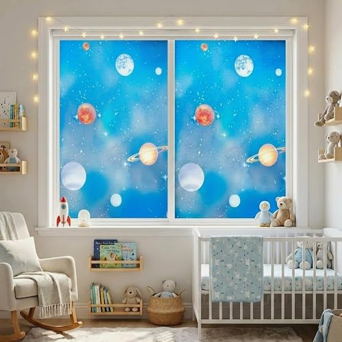 Blue Window Privacy Film Stained Glass Sliding Door Cling Decorative Galaxy Planet Static Tint UV Blocking Non-Adhesive Covering Stickers Cover Decal for Kids Bedroom,23.6x78.7in. - color: Galaxy Blue, size: 23.6''x78.7''