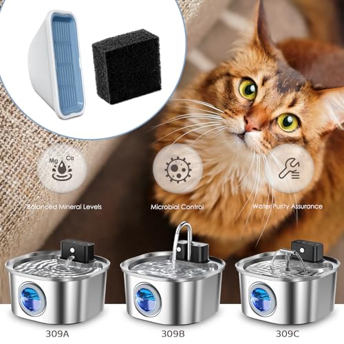 20 Pack Replacement Cat Water Fountain Filters for 108oz/3.2L Stainless Steel Pet Water Fountain 309A/309B/309C, 10 Filters and 10 Pre-Filter Sponges