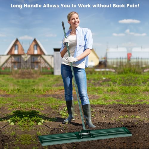 Goplus Lawn Leveling Rake, 46" x 10" Heavy Duty Level Lawn Tool w/ Ergonomic Handle for Soil, Effort-Saving Landscape Rake for Garden, Backyard, Golf Course, Farm, Pasture - style: 46" x 10", Green
