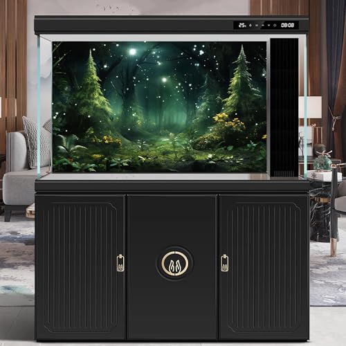Fantasy Forest Aquarium Background Foggy Mystical Dark Forests Fish Tank Background Scenic Tranquil Stars Enchanted Forest Terrarium Backgrounds Fairy Tale Forests Reptile Tank Backgrounds 24x16in - color: Black_Green, size: 24(W)x16(H)in