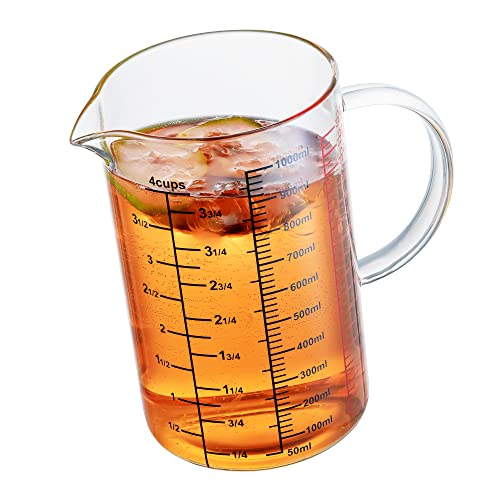 Ackers BORO3.3 Glass Measuring Cup-[Insulated handle | V-Shaped Spout]-Made of High Borosilicate Glass Measuring Cup for Kitchen or Restaurant, Easy to Read, 1000 ML (32 Oz, 4 Cup) - size: 1000ml/32OZ