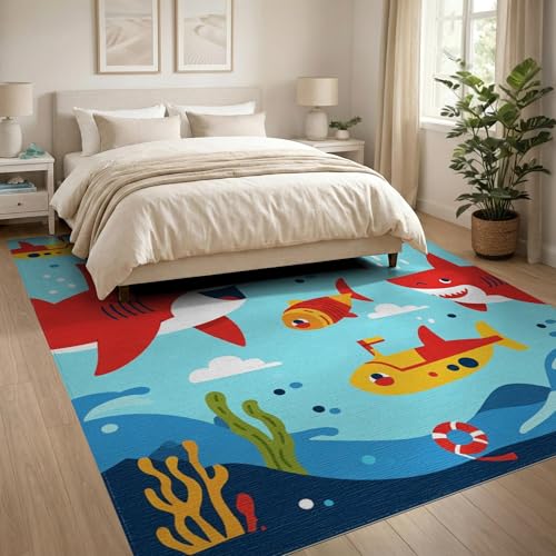 8'x10' Washable Modern Shark Large Rug, Yellow Non-Shedding Pet Friendly Carpet for King Size Bedroom, Master Suite, Under Bed, Foldable Easy Care Mat | Ref:2070041 - color: Blue/Pattern 18, size: 8' x 10' (Rectangular)