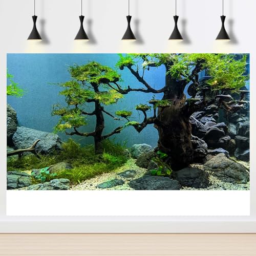 Aquarium Background Green Grass Trees Aquarium Backdrop Vivid and Fresh Green Plants Tank Backdrop Wood and Pebble Reptile Habitat Terrarium Background Decor 24x12in - color: Grey_Blue, size: 24(W)x12(H)inches/ 60(W)*30cm(H)