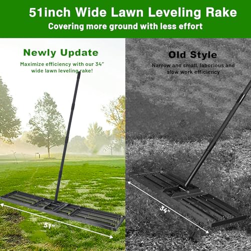 Lawn Leveling Rake 51"x10",Lawn Leveling Tool with 68" Long Adjustable Stainless Steel Handle for Leveling Soil,Grass,Sand or Dirt,Heavy Duty Lawn Leveler for Backyard,Garden,Golf Course,Farm,Pasture - style: 51"x10"