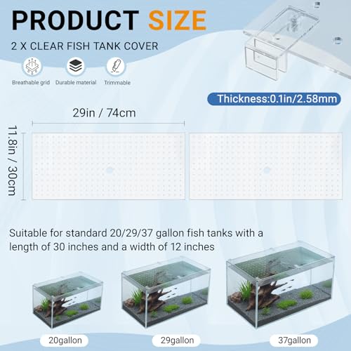 2 Pcs Aquarium Acrylic Fish Tank Lid Covers for 20/29/37 Gallon, 29 X12 in Glass Cuttable Canopy Top Net, Anti-Jump Net with Clips (Each 29 x 12 x 0.1in) - size: 29 x 12 Inch