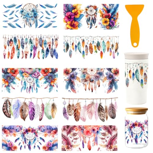 10 Sheets Dreamcatcher UV DTF Cup Wrap for 16OZ Glass, 4.3 x 9.4 Inch Dream Catcher UV DTF Transfer Stickers Waterproof Rub on Transfer Decals for Glass Bottle Vase Furniture Crafts - style: Dreamcatche