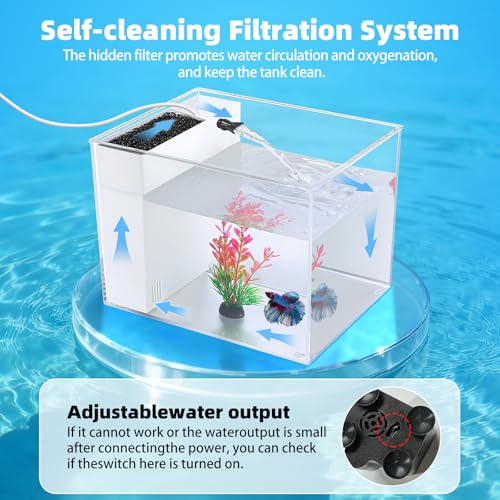 Fish Tank Betta 2.5 Gallon Desktop Small Beta Fish Aquarium Starter Kit with 25W Heater LED Light and Mini Water Pump & Filter Media Compact Aquarium for Betta Fish, Shrimp(White)