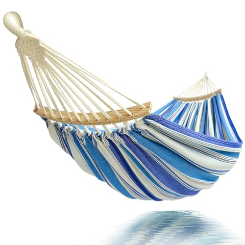 Double Hammock 2 Person Extra Large 220x150cm Total Length 330cm Load 500lb Canvas Cotton Hammock for Patio Porch Garden Backyard Lounging Outdoor and Indoor with Removable Spreader bar - color: Blue9