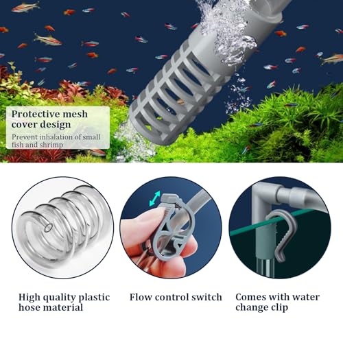 Fish Tank Cleaner 7.2ft Manual Adjustable Air Bag Valve Hot Tub Vacuum Fish Tank Gravel Sand Cleaning Aquarium Vacuum with Flexible Hose and Wand for Pool Grass Debris Cleaning, Fish Tank Cleaner