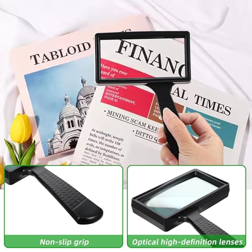 Book Magnifier Black Handheld 5X Magnifying Glass, Rectangle Reading Glass Magnifier Gadgets for Seniors, Large Scratch-Resistant Magnifying for Readings Hobbies Repair Observation