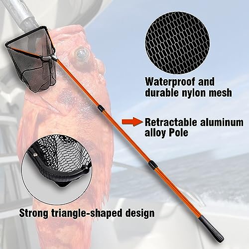 Fiblink Folding Aluminum Fishing Landing Net Fish Net with Extending Telescoping Pole Handle - style: Orange--extend Length: 59-118 Inches