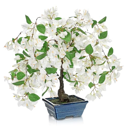 Briful Artificial Bougainvillea Tree in Blue Pot 18.5" Tall Faux Bougainvillea Floral Tree Tropical Silk Fake Bougainvillea Plant for Home Office Living Room Table Décor(White) - color: White 18.5in, size: 1ft 4in