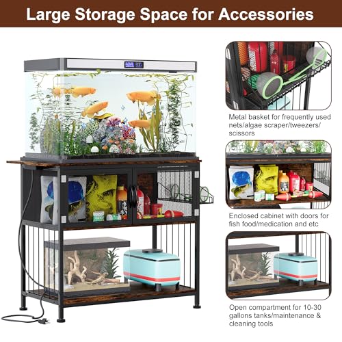 TQVAI 40-55 Gallon Fish Tank Stand with Power Outlets, Heavy Duty Aquarium Stand with Cabinet Storage Fish Tank Accessories, Large Reptile Terrarium Tank Stand, Black/Vintage - size: 40-55 Gallon