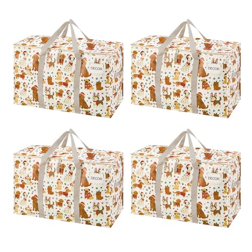 VENO 4 Pack Heavy Duty Moving Bags, Extra Large Storage Bags with Reinforced Handles & Strong Zippers, Foldable & Reusable Moving Box Alternative for Clothes & Dorm Storage - color: Holiday Pups, size: 4 Pack