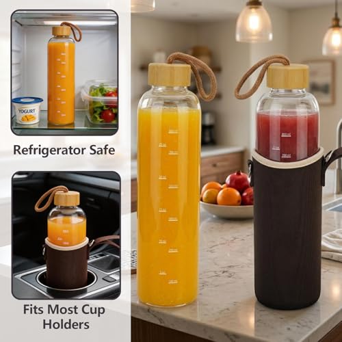 Sursip 32 oz Glass Water Bottle - Nylon Bottle Protection Sleeves, Bamboo Lid, And 1L Time Marked Measurements, Reusable, Eco-Friendly, Safe for Hot Liquids Tea Coffee Daily - color: Small-Coffee-Bamboo