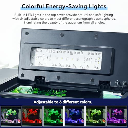 17.6x9.7x11.3 in Fish Tank Kit Complete Aquarium for Betta Fish Goldfish | Real-Time Temp Display, 3-Speed Water Pump, Smart Storage, Flexible Filter, 6 Color Lights